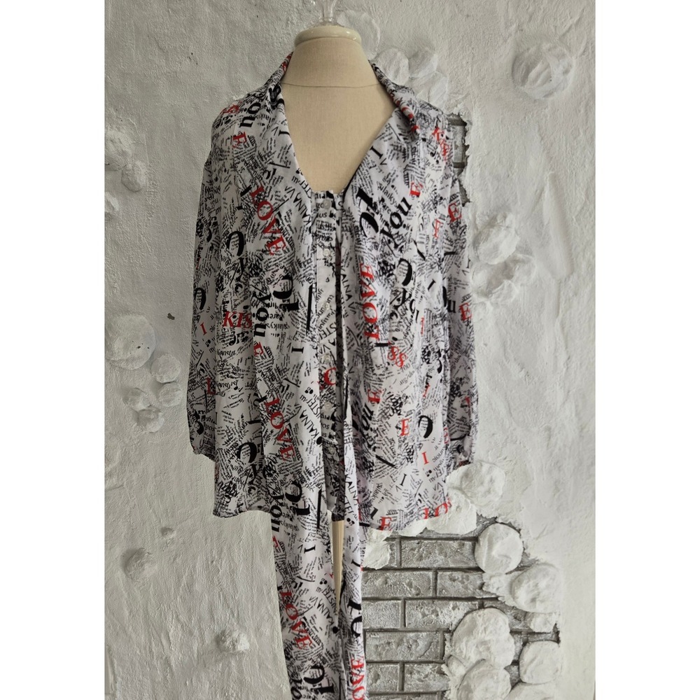 New York & Company Newspaper Print Tie Neck Blouse XXL White Black Red Academic